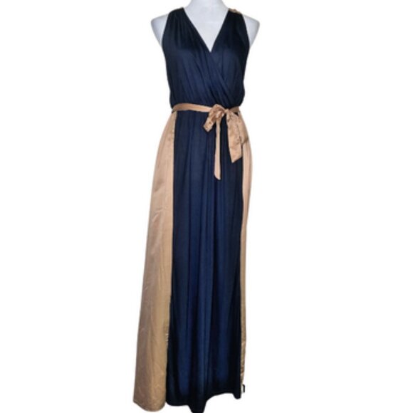 Allen Schwartz Black Ruched V-Neck Faux Silk Gold Halter Maxi Dress Size Med - Picture 1 of 9